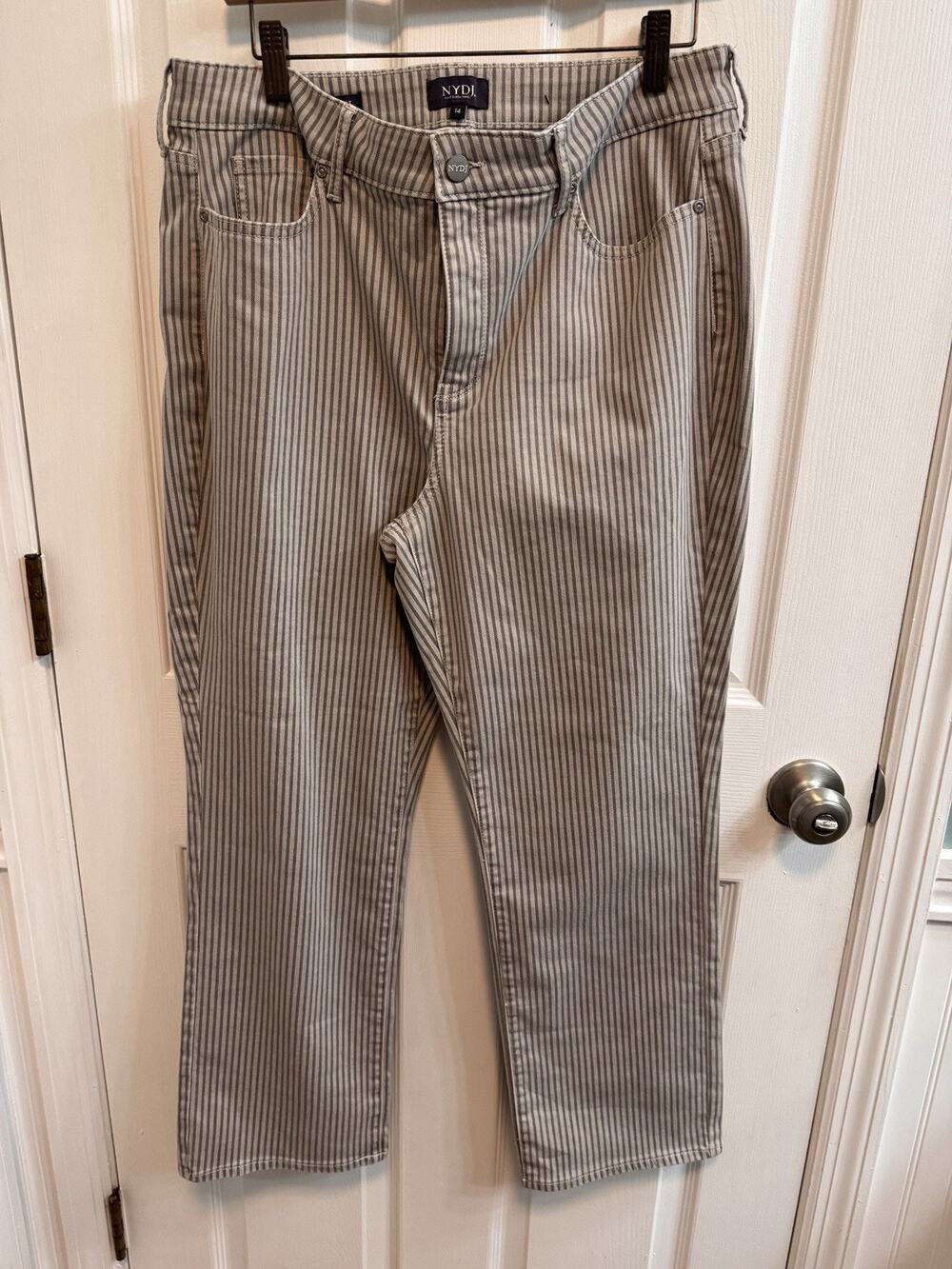 NYDJ Marilyn Straight Jean 14 Stone Beige Stripe 5-pocket Zip Button 27.5 Inseam